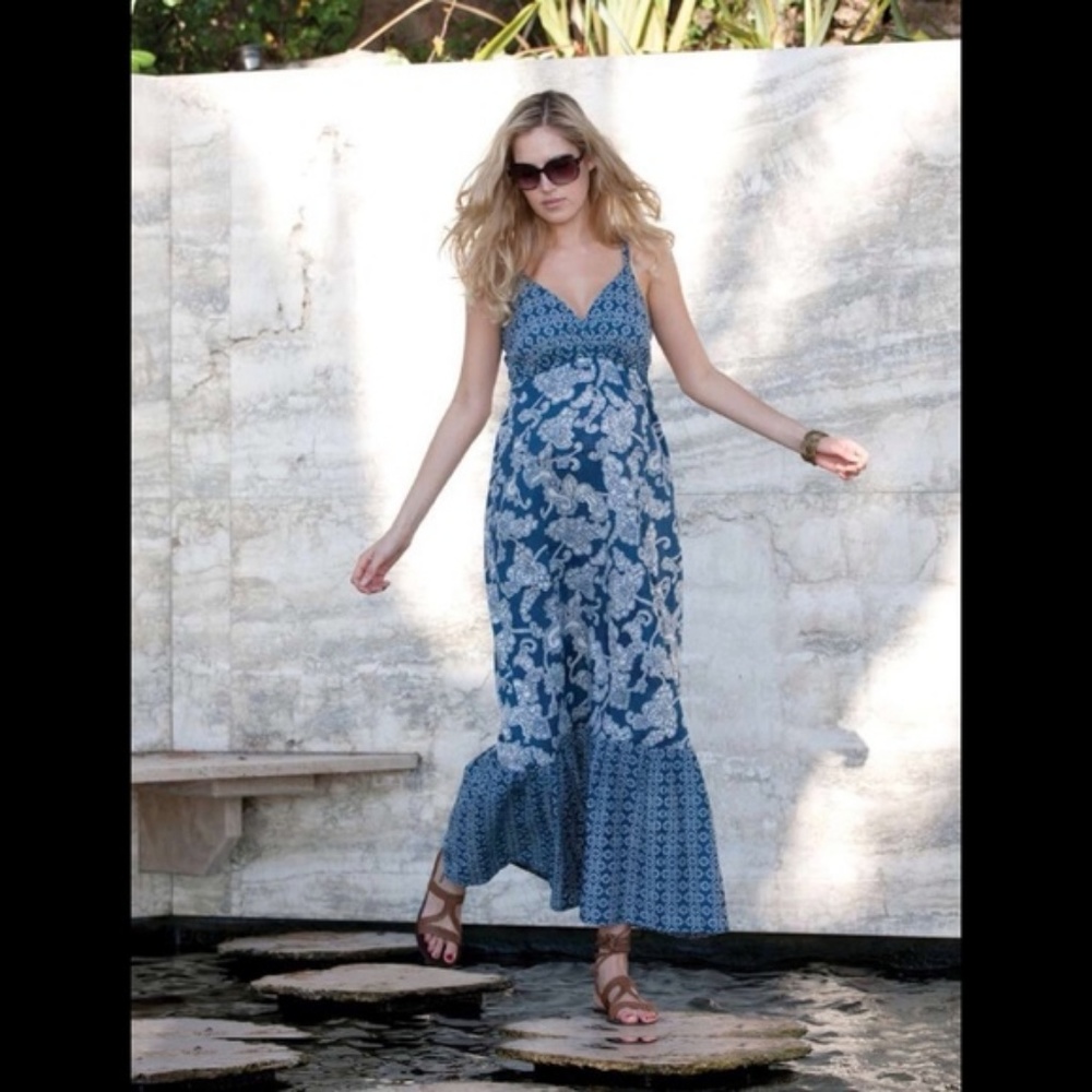 Blue floral printed maternity nursing maxi dress.